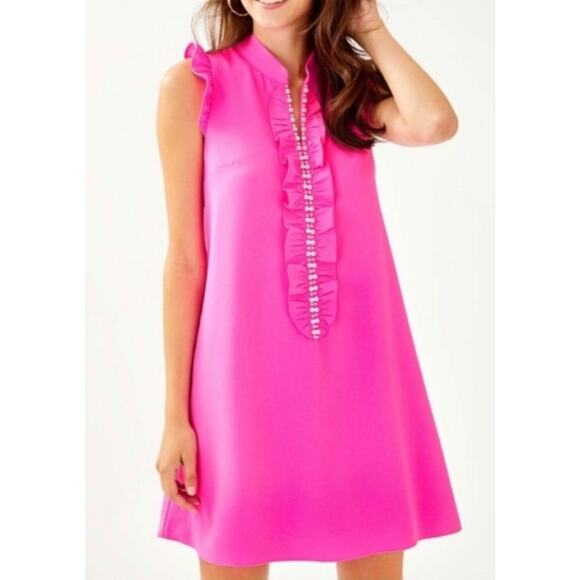 Lilly Pulitzer Adalee Dress SZ 10 Pearl Shift Hot Pink Palms Ruffle Preppy Mini - Picture 1 of 16
